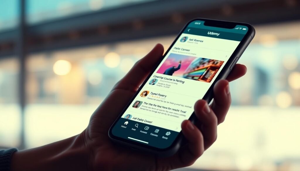 A sleek, modern mobile app interface showcasing Udemy's powerful learning features. In the foreground, a hand holds a smartphone displaying an interactive course module, with intuitive navigation controls and visually engaging content. The middle ground features a clean, minimalist app design with crisp typography and smooth animations, conveying a sense of effortless learning. The background depicts a blurred cityscape, hinting at the global reach and accessibility of Udemy's online educational platform. Warm, indirect lighting creates a soft, inviting atmosphere, while a high-quality lens captures every detail with clarity and precision.