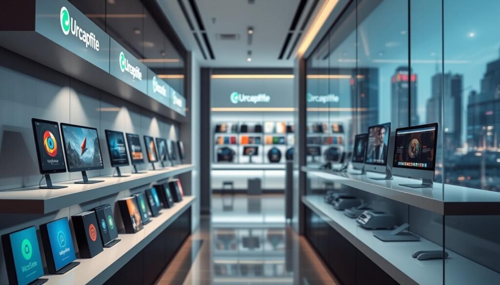 A sleek, modern software storefront showcasing a range of exclusive lifetime deals. The foreground features various software icons and logos elegantly displayed on clean, minimalist shelves, while the middle ground depicts a sophisticated, tech-savvy atmosphere with subtle lighting and a hint of futuristic ambiance. The background subtly suggests a vibrant, online marketplace, with a soft, blurred cityscape or abstract geometric patterns creating a sense of digital dynamism. The overall composition conveys a sense of exclusivity, quality, and the lasting value of the lifetime software deals on offer.