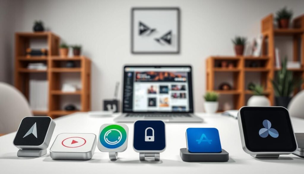 A sleek, modern workspace showcasing a collection of premium Mac and iOS apps essential for productivity workflows. In the foreground, a well-curated selection of app icons float against a minimalist white background, subtly casting soft shadows. The middle ground features a MacBook Pro with a clean, distraction-free desktop, its screen displaying a productivity-focused app interface. In the background, a tasteful blur of warm-toned office elements, such as wooden shelves and potted plants, create a serene, professional atmosphere. Crisp, directional lighting highlights the apps, casting subtle highlights and shadows to accentuate their premium qualities.