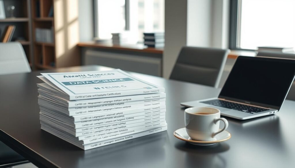 A sleek, professional office setting with a well-lit, modern desk arrangement. On the desk, an array of data science certification documents are neatly stacked, their covers depicting various programming languages, statistical analysis, and machine learning topics. A laptop and a cup of coffee complete the scene, creating an atmosphere of productive, career-focused learning. Soft, directional lighting casts subtle shadows, highlighting the certifications as the focal point. The background is slightly blurred, emphasizing the certifications as the central visual elements that represent the growth and advancement of a data science career.