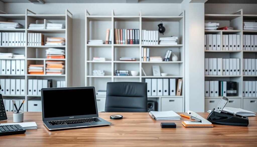 A spacious office setting with a prominent desk showcasing an array of business tools and office supplies. The desk is adorned with a sleek laptop, a digital calculator, a stapler, a tape dispenser, and a few neatly organized folders. The background features modern shelving units stocked with various reference materials and books, creating a professional and organized atmosphere. The lighting is soft and diffused, accentuating the clean, minimalist aesthetic. The overall composition conveys a sense of efficiency, productivity, and unbeatable savings for businesses, aligning with the section title "Why Choose DealMirror? Unbeatable Savings for Businesses".