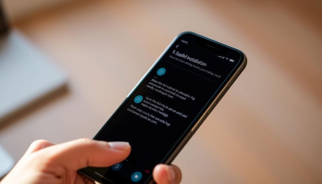 A step-by-step eSIM installation guide for the Saily secure messaging app, displayed on a sleek, modern smartphone screen. The interface features clean, minimalist design with clear instructions and intuitive icons guiding the user through the setup process. Warm, natural lighting illuminates the device, creating a sense of ease and approachability. The angle is slightly angled, providing a dynamic perspective that draws the viewer into the scene. The background is blurred, keeping the focus on the on-screen content and highlighting the simplicity of the installation experience.