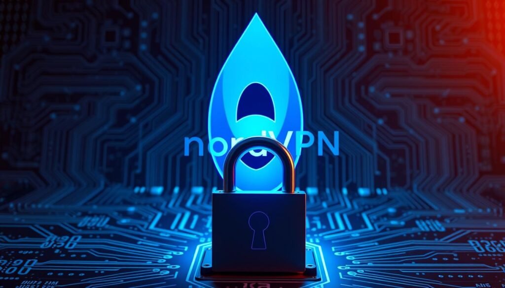 A towering NordVPN logo stands prominently against a backdrop of intricate circuit boards and encrypted data streams. The logo radiates a vibrant blue glow, symbolizing the robust security and privacy protections of the VPN service. In the foreground, a sleek lock icon overlaps the logo, emphasizing the unbreakable encryption that safeguards user data. The overall scene is illuminated by a soft, directional light source, casting dramatic shadows and highlighting the technical details. The atmosphere conveys a sense of digital security, with a futuristic and high-tech aesthetic that aligns with NordVPN's cutting-edge security features.