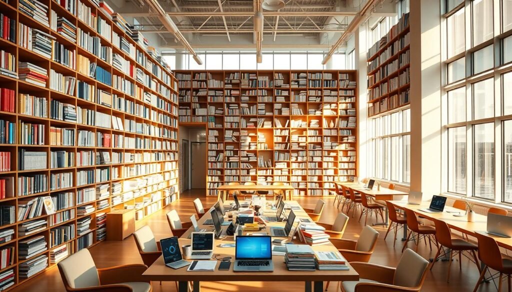 A vast library of data science courses, meticulously curated, stretches across a modern, light-filled space. Towering bookshelves line the walls, their spines adorned with vibrant, informative titles. In the foreground, a central table displays an array of laptops and learning materials, inviting exploration. The room is bathed in warm, natural lighting, casting a cozy, welcoming atmosphere. Rows of comfortable chairs and desks suggest a collaborative, interactive learning environment. The overall scene conveys a sense of comprehensive, high-quality educational resources, ready to empower the next generation of data science enthusiasts.