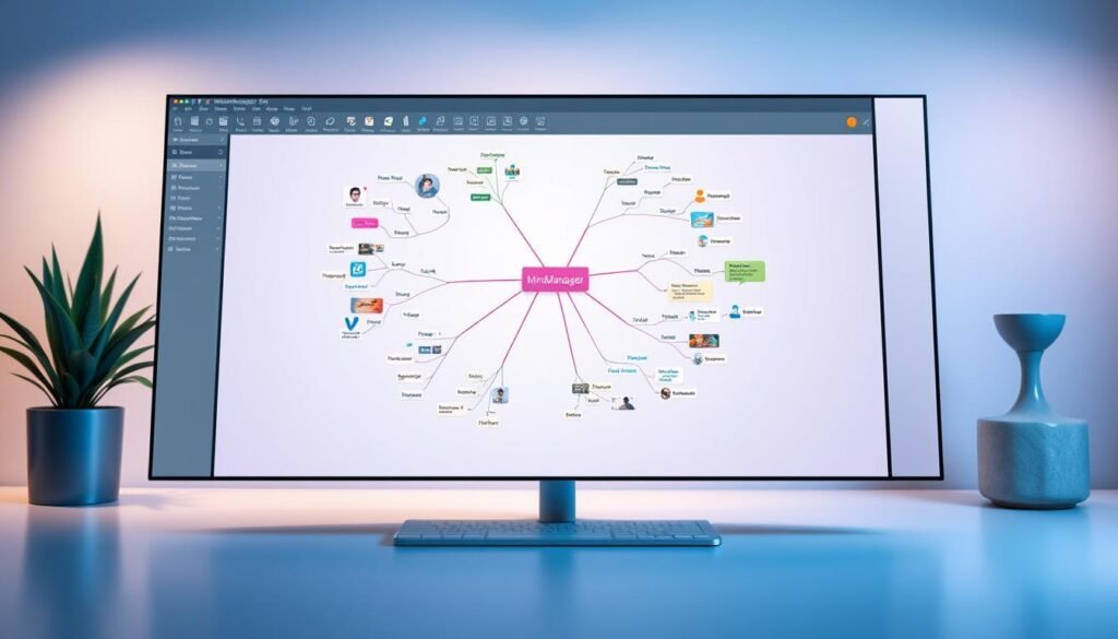 A vibrant and detailed mind map displayed on a sleek MindManager interface, showcasing the key features of the software. The foreground depicts various mind mapping tools and functionalities, such as intuitive node creation, dynamic branching, and customizable formatting options. The middle ground highlights collaborative features, including real-time editing, sharing, and presentation modes. In the background, a serene and minimalist workspace provides a clean canvas for the mind map, with subtle lighting and a slightly blurred depth of field to draw the viewer's focus towards the central mind mapping elements. The overall mood is one of productivity, creativity, and ease of use, encapsulating the essence of MindManager's powerful mind mapping capabilities.