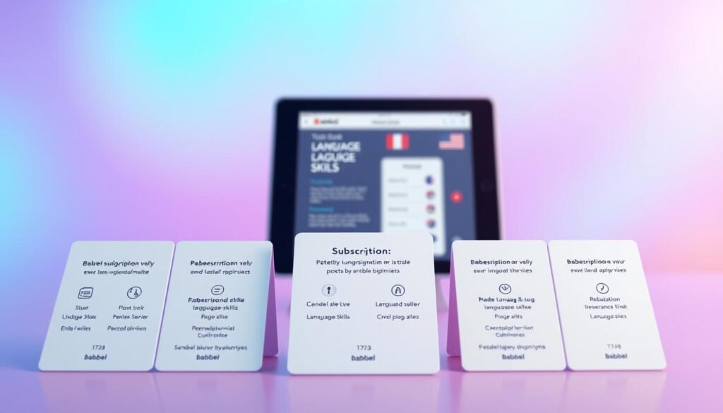 A vibrant and minimalist illustration showcasing Babbel's language learning subscription plans. In the foreground, neatly arranged subscription plan tiles with clean typography and icons depicting language skills. The middle ground features a sleek and modern device, potentially a tablet or smartphone, displaying the Babbel app interface. The background is a soft, blurred gradient in shades of blue and purple, conveying a sense of digital sophistication. Subtle lighting casts a gentle glow, highlighting the plan details. The overall composition is balanced, visually appealing, and effectively communicates the core offering of Babbel's subscription-based language learning service.