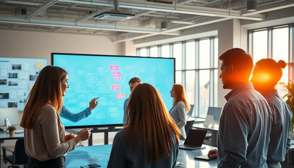 A vibrant, collaborative workspace where digital mind maps come to life. In the foreground, colleagues gather around a large interactive display, their fingers tracing intricate connections and ideas. The middle ground features a sleek, modern office setting with an array of devices and tools enabling seamless real-time collaboration. In the background, a warm glow of natural light filters through large windows, creating a sense of openness and creativity. The overall atmosphere is one of dynamic teamwork, where innovation thrives through the integration of MindManager's intuitive interface and cutting-edge presentation capabilities.