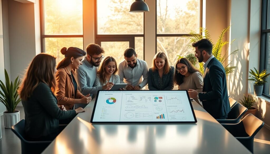 A vibrant, collaborative workspace with a team of professionals engaged in a lively discussion around a sleek, modern table. The scene is bathed in warm, natural lighting filtering through large windows, creating a cozy and productive atmosphere. In the foreground, colleagues huddle over a tablet, actively sharing ideas and coordinating tasks. In the middle ground, a virtual whiteboard displays diagrams and charts, illustrating the team's progress on a shared project. The background showcases a minimalist office design with clean lines, neutral tones, and strategically placed potted plants, fostering a sense of focus and calm. The overall composition conveys a sense of teamwork, communication, and efficient task management.
