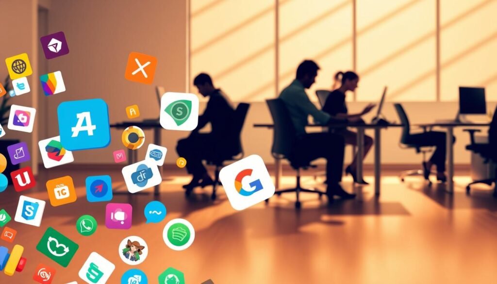 A vibrant collage showcasing a variety of Appsumo's most popular marketing and productivity tools. In the foreground, an array of colorful software icons and logos float weightlessly, hinting at the diverse offerings. The middle ground features silhouettes of productive individuals using the tools, their expressions focused and determined. In the background, a clean, minimalist workspace with sleek desktops and ergonomic chairs sets the stage, bathed in warm, directional lighting that casts dramatic shadows. The overall mood is one of efficiency, innovation, and the promise of a streamlined, empowered workflow.