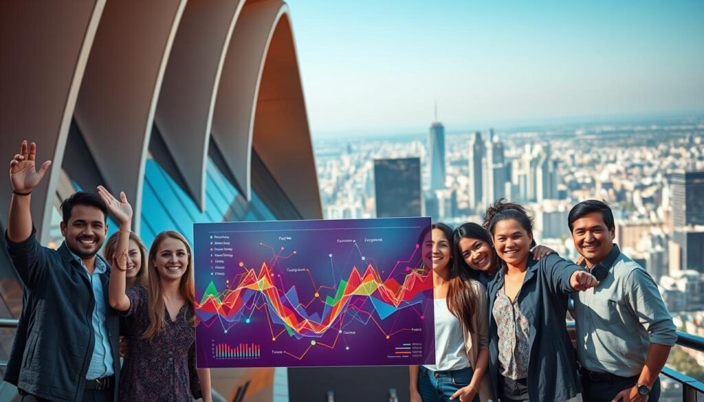 A vibrant, data-driven success story unfolds against a backdrop of sleek, modern architecture. In the foreground, a diverse group of individuals celebrate their achievements, their faces alight with joy and pride. The middle ground showcases a dynamic data visualization, its intricate patterns and vibrant colors reflecting the insights they have uncovered. In the distance, a bustling cityscape serves as a testament to the far-reaching impact of their work. Warm, directional lighting casts a glow over the scene, creating a sense of optimism and accomplishment. This captivating image captures the spirit of data science excellence, inspiring others to embark on their own transformative journeys.