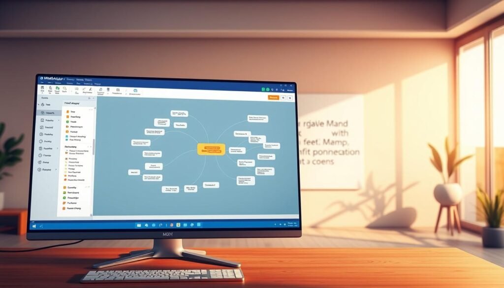 A vibrant, detailed illustration of the MindManager mind mapping software. In the foreground, the MindManager interface is prominently displayed, showcasing its intuitive tools and expansive workspace. The middle ground features a mind map with interconnected nodes, visualizing the logical flow of ideas. In the background, a serene, minimalist environment sets a calm, focused atmosphere, emphasizing the software's ability to enhance productivity and creative thinking. Warm, natural lighting casts a soft glow, while a clean, modern aesthetic reflects MindManager's elegant and user-friendly design. The overall scene conveys the power of mind mapping as a powerful tool for organizing thoughts, planning projects, and unlocking innovative solutions.