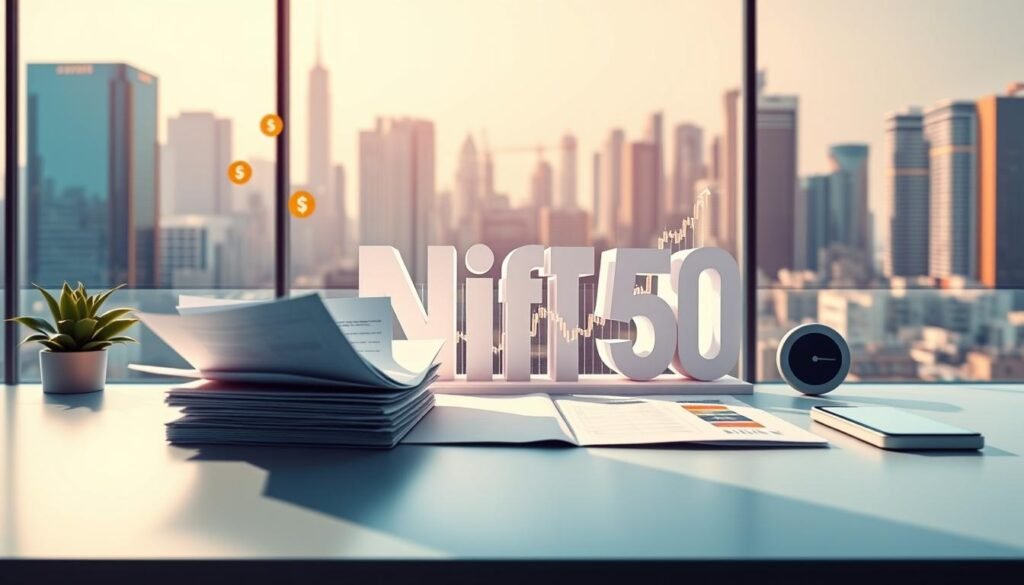 A vibrant illustration of the Nifty 50 investment options, captured with a wide-angle lens in soft, natural lighting. In the foreground, a selection of financial documents and investment symbols hover above a sleek, minimalist desk. In the middle ground, a 3D representation of the Nifty 50 index chart displays fluctuating stock prices, rendered in a clean, data-driven style. The background features a cityscape of modern skyscrapers, hinting at the dynamic financial landscape that encompasses the Nifty 50. The overall composition conveys a sense of sophisticated, data-driven investment opportunities within the Nifty 50.