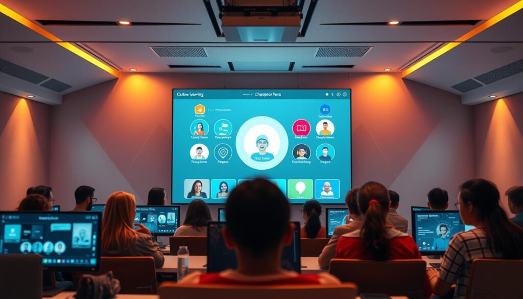 A vibrant, interactive online learning environment with a modern, user-friendly interface. The foreground features a group of diverse learners engaged in a virtual classroom, their faces lit by the glow of their screens. In the middle ground, a central hub displays a range of course offerings, icons, and multimedia elements that invite exploration. The background showcases a sleek, minimalist design with geometric shapes and subtle gradients, conveying a sense of technology, innovation, and intellectual growth. Warm lighting and a clean, professional aesthetic create a welcoming and immersive atmosphere for online education.