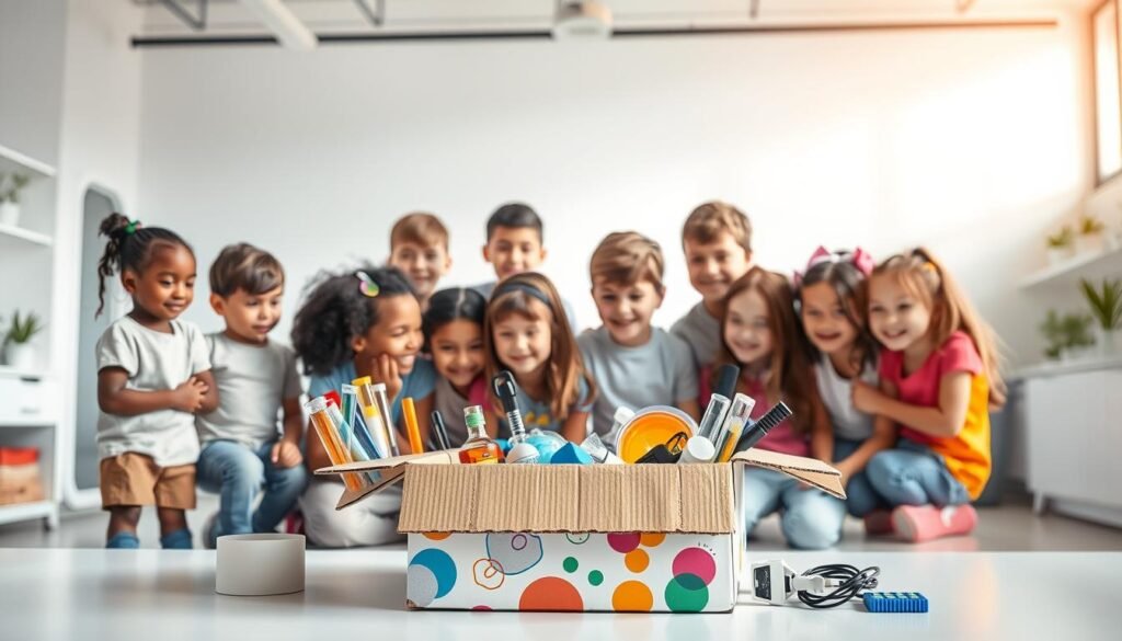 A vibrant, well-lit scene showcasing a science subscription box for kids. In the foreground, a glossy cardboard box with a playful, colorful design sits open, revealing an assortment of science equipment and materials, including test tubes, magnifying glasses, and small electronics. In the middle ground, a diverse group of children, ranging in age from 8 to 12, gather around the box, their faces filled with excitement and curiosity as they examine the contents. The background features a clean, minimalist laboratory-like setting, with white walls and sleek, modern furniture, creating a sense of an immersive, educational environment. The lighting is soft and natural, casting a warm glow over the scene and highlighting the joy and wonder of scientific exploration.