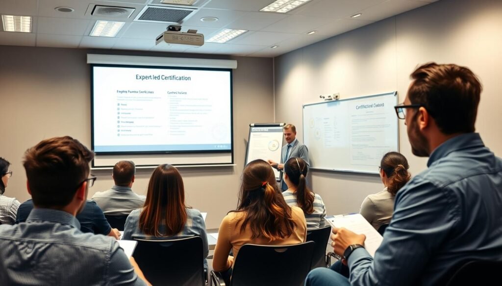 A well-lit classroom setting with a knowledgeable instructor delivering an expert-led certification course. The foreground features a group of attentive students taking notes, their faces illuminated by the soft glow of a projector screen displaying course materials. The middle ground showcases a clean, modern whiteboard filled with diagrams and key points. In the background, a wall-mounted certificate hangs prominently, signifying the credibility and authority of the training program. The overall atmosphere exudes professionalism, focus, and a sense of educational achievement.