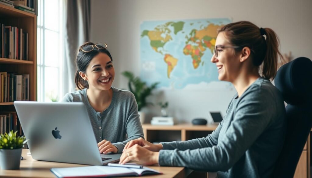 A well-lit, cozy home office setting with a young woman sitting at a desk, smiling warmly as she assists an adult student in an online English tutoring session. The student's face is visible, showing their engaged expression as they interact with the tutor. In the background, a bookshelf and world map create an educational atmosphere. The lighting is soft and natural, creating a inviting, comfortable environment for learning. The composition is balanced, with the tutor and student taking up the central focus, surrounded by subtle, supportive elements that reinforce the theme of flexible, personalized English tutoring.