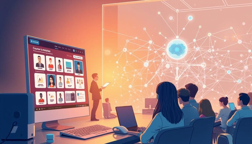 A well-lit, detailed illustration of an AI-powered online learning platform. In the foreground, a sleek user interface with customizable course modules, interactive quizzes, and intuitive navigation. In the middle ground, a group of diverse learners engaged in seamless video lectures, collaborative discussions, and personalized feedback. In the background, a network of AI-driven analytics, adaptive learning algorithms, and cloud-based infrastructure enabling a personalized, data-driven educational experience. The scene is bathed in a warm, inviting color palette, conveying a sense of technological sophistication and educational excellence.