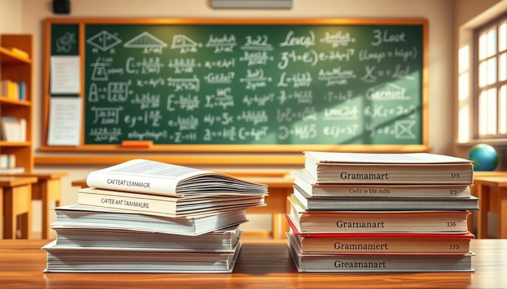 A well-lit, detailed illustration of language learning grammar concepts. In the foreground, a tidy stack of grammar books with crisp pages and elegant typography. Behind them, a chalkboard filled with elegant diagrams and equations, conveying the structure and logic of language. In the background, a warm, sun-drenched classroom setting with wooden desks and shelves, suggesting a nurturing, scholarly atmosphere conducive to productive study. The overall composition has a harmonious, academic feel, with a sense of order and intellectual rigor befitting the subject matter.