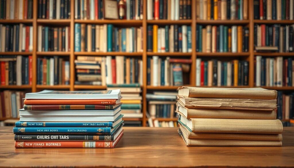 A well-lit, high-resolution comparison of new and used books on a wooden table. In the foreground, a stack of pristine, freshly printed books with vibrant covers. In the middle ground, a pile of worn, weathered volumes with cracked spines and yellowed pages, each bearing the character of their history. The background features a bookshelf filled with a diverse array of book sizes and genres, casting a warm, inviting glow. The composition emphasizes the contrast between the crisp, untouched appearance of new books and the charming, time-worn character of used volumes, capturing the unique appeal of both.