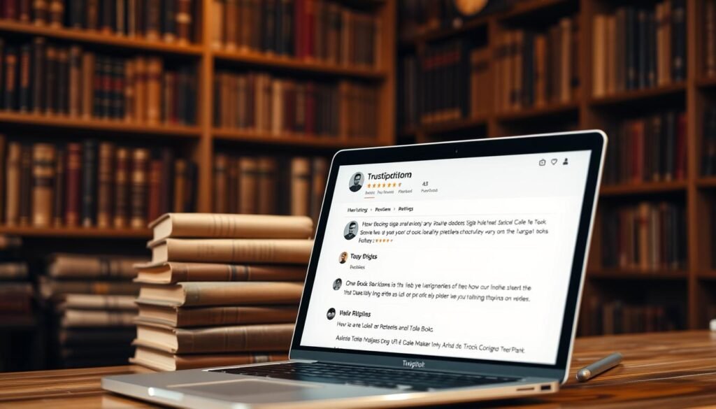 A well-lit, high-resolution image of a Trustpilot review page showcasing user ratings and feedback for an online book marketplace. The foreground features a laptop or tablet displaying the review platform's interface, with stars, numerical scores, and a selection of positive and negative customer comments. The middle ground depicts a stack of vintage, leather-bound books, hinting at the rare and out-of-print nature of the marketplace's offerings. The background is a warm, cozy bookshop setting, with wooden shelves, dim lighting, and a sense of authenticity and trust. The overall mood is one of credibility, reliability, and a customer-centric focus, conveying the legitimacy of the book marketplace.