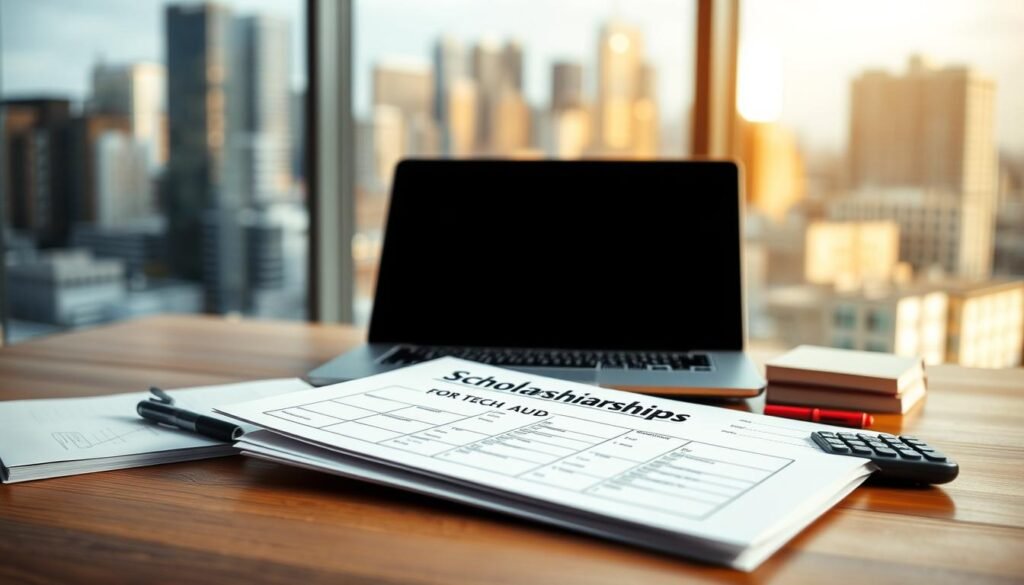A well-lit, high-resolution image of a scholarship application form with a laptop computer, books, and a calculator on a wooden desk. The form is prominently displayed, with the title "Scholarships for Tech Students" in a clean, modern font. In the background, a blurred city skyline is visible through a large window, conveying a sense of urban sophistication. The lighting is soft and diffused, creating a warm, inviting atmosphere. The overall composition is balanced and visually appealing, highlighting the scholarship opportunity for technology-focused students.