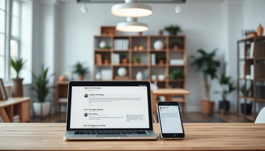 A well-lit interior space, with a sleek minimalist aesthetic. In the foreground, a set of digital devices - a laptop, tablet, and smartphone - arranged on a modern wooden desk. On the screens, a collage of app reviews, user testimonials, and star ratings related to language learning apps. The middle ground features a blurred background of bookshelves, potted plants, and other office decor, creating a sense of depth and focus on the digital content. Soft, diffused lighting from overhead sources illuminates the scene, casting a warm, inviting glow. The overall mood is one of productivity, digital engagement, and a positive user experience with language learning resources.