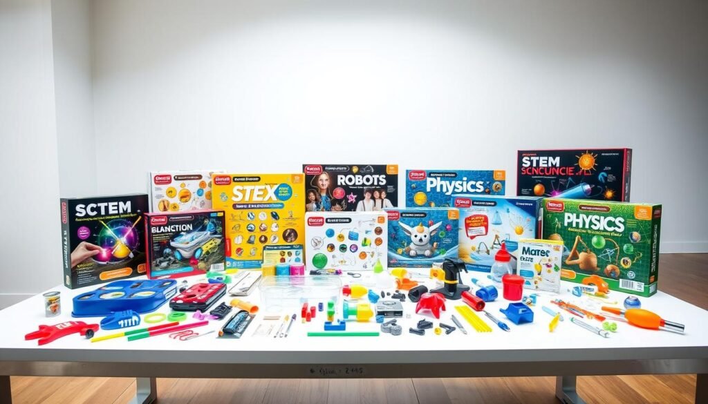 A well-lit, inviting display of various STEM science kits for kids, arranged on a sleek, modern table. The kits feature engaging, hands-on experiments and activities designed to spark curiosity and foster a love for scientific exploration. The foreground showcases an assortment of colorful, high-quality components and tools, with a middle ground of neatly organized kits in different themes, such as chemistry, physics, and robotics. The background features a minimalist, bright studio setting, allowing the kits to take center stage and showcase their potential for captivating, interactive learning experiences.