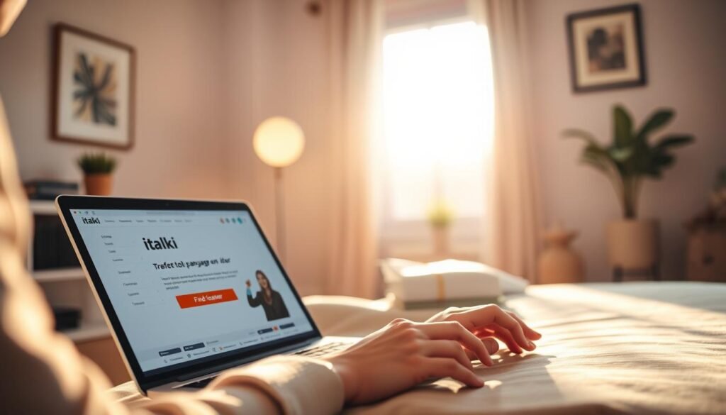 A well-lit, inviting scene of a person browsing and exploring the italki website on a modern laptop, with a warm, natural lighting filtering through a window in the background. The laptop screen displays the italki homepage, with a prominent "Find Teacher" button. The user's face is not visible, but their hands are engaged with the device, conveying a sense of focused engagement. The scene is set in a cozy, minimalist home office or study, with subtle hints of personalization such as a potted plant or framed artwork on the walls. The overall atmosphere is one of calm, productivity, and the anticipation of discovering the perfect language tutor on italki.