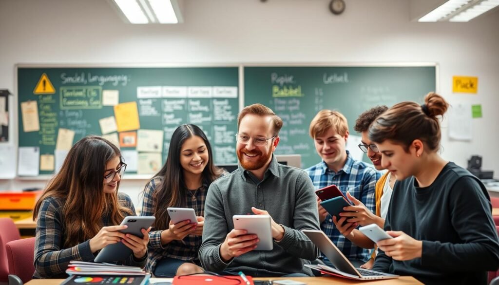 A well-lit, modern classroom setting with a chalkboard or whiteboard in the background, showcasing various language learning aids and research materials. In the foreground, a group of students deeply engaged in interactive language exercises, using a variety of digital devices and learning tools. The middle ground features a passionate, approachable instructor guiding the students, their facial expressions conveying a sense of curiosity and enthusiasm for the learning process. The overall atmosphere is one of collaborative, cutting-edge language learning, reflecting the innovative and effective approach of the Babbel platform.