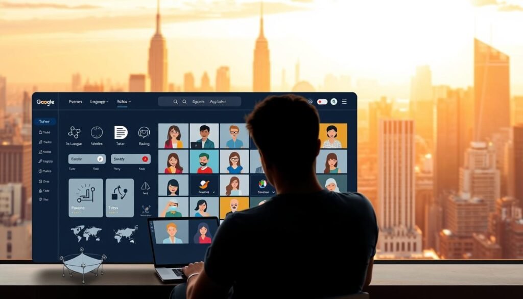 A well-lit, modern online language learning platform with a sleek, intuitive interface. In the foreground, a person studying a foreign language on a laptop, surrounded by icons and illustrations representing different languages and learning tools. In the middle ground, a grid of video call windows showing tutors from around the world, each with a personalized profile and rating. In the background, a warm, gradient-filled cityscape with skyscrapers, suggesting a global, interconnected world. The overall atmosphere is one of productivity, diversity, and a passion for language acquisition.
