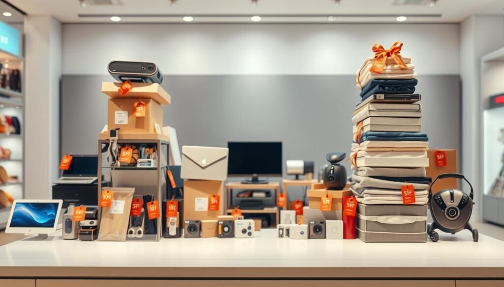 A well-lit product display featuring various discounted items artfully stacked in a visually appealing arrangement. The foreground showcases a diverse range of products, including electronics, home goods, and apparel, all with prominent price tags highlighting their discounted values. The middle ground presents a clean, modern backdrop, perhaps a sleek gray or white surface, allowing the products to take center stage. In the background, a softly blurred environment with gentle, warm lighting creates a sense of depth and focus, drawing the viewer's attention to the discounted items. The overall composition conveys a harmonious, organized, and enticing shopping experience, perfectly illustrating the concept of a "discount stacking strategy" for maximum savings.