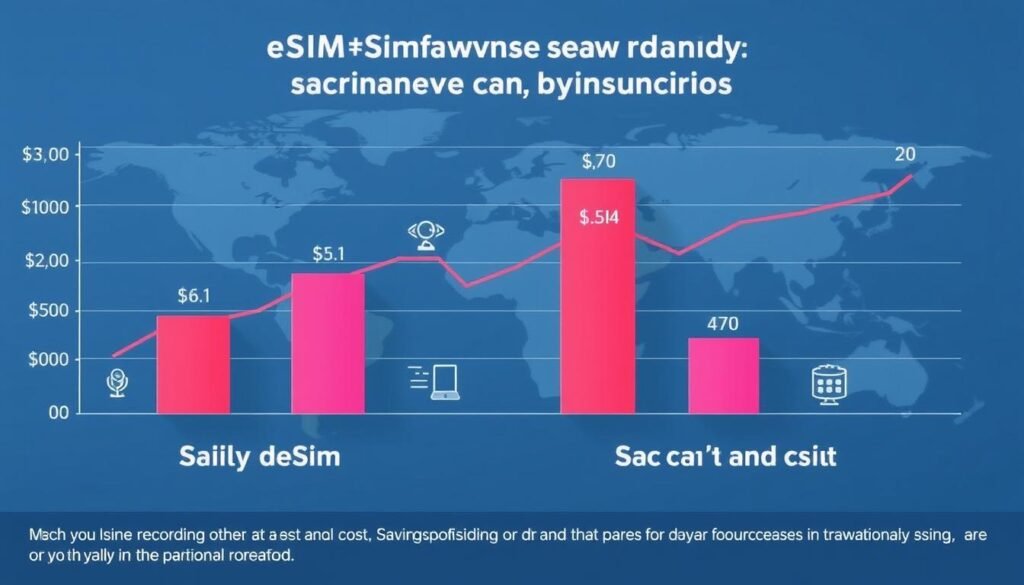 Detailed line chart depicting Saily eSIM cost savings compared to traditional roaming plans. Foreground shows side-by-side columns for Saily eSIM and roaming, with clear data visualizations highlighting the significant cost differences. Middle ground features stylized icons representing cellular networks, data usage, and international travel. Background has a subtle world map motif, suggesting the global coverage and savings potential of Saily eSIM. Lighting is clean and professional, with a cool color palette to convey the modern, tech-forward nature of the Saily app. Camera angle is frontal, providing a clear, unobstructed view of the comparative data.