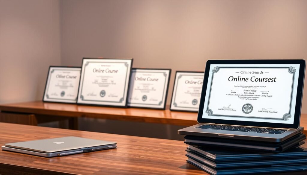 Elegant online course certificates displayed on a sleek wooden desk, illuminated by warm studio lighting. A stack of laptops and tablets showcases digital learning materials in the foreground, while a clean, minimalist background enhances the sense of focus and professionalism. The scene conveys the high-quality, flexible educational experience offered by Edureka's comprehensive course offerings for working professionals.