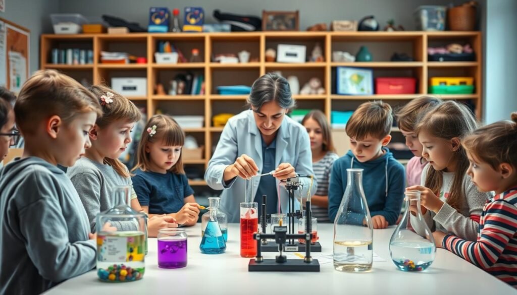 Hands-on science experiments for kids in a cheerful, well-lit classroom setting. In the foreground, a group of young students intently gathered around a science demonstration table, their faces filled with wonder as they observe colorful chemical reactions and mechanical contraptions. In the middle ground, a teacher guides the students, demonstrating the principles of physics, biology, and chemistry through engaging, hands-on activities. The background features shelves stocked with science kits, tools, and books, creating an atmosphere of discovery and learning. Soft, diffused lighting illuminates the scene, capturing the excitement and curiosity of the young scientists-in-the-making.