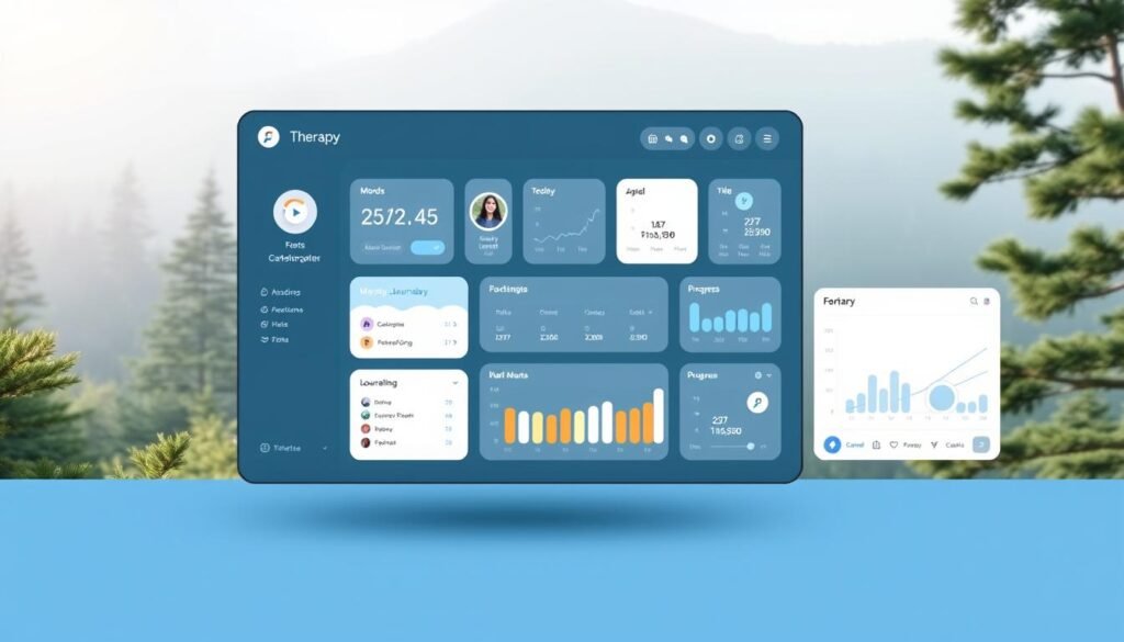 Therapy dashboard: A sleek, minimalist interface with a soothing color palette of blues and grays. In the foreground, a clean grid layout displays various customizable widgets such as mood trackers, journaling tools, and progress charts. The middle ground features a central dashboard with intuitive controls and navigation menus. The background showcases a serene nature scene, perhaps a tranquil forest or a calming seascape, bathed in soft, natural lighting that enhances the therapeutic atmosphere. The overall design is elegant, user-friendly, and optimized for a seamless online therapy experience.