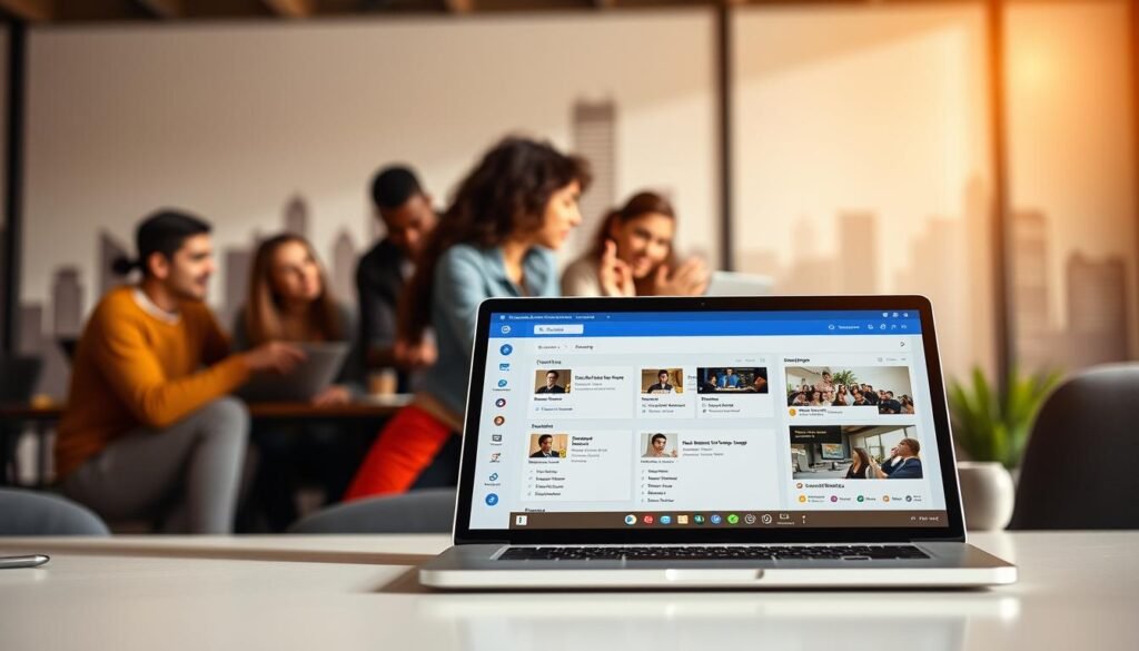 a digital online learning platform with a clean, modern interface. The foreground features a laptop or tablet displaying an interactive course dashboard, with icons and buttons for navigating various lessons and modules. The middle ground shows a group of diverse students engaged in the platform, collaborating on projects or watching video lectures. The background depicts a stylized cityscape or workspace, conveying a sense of productivity and connectivity. The lighting is warm and natural, creating a welcoming and productive atmosphere. The overall composition suggests the ease, flexibility, and collaborative nature of online learning on a state-of-the-art platform.