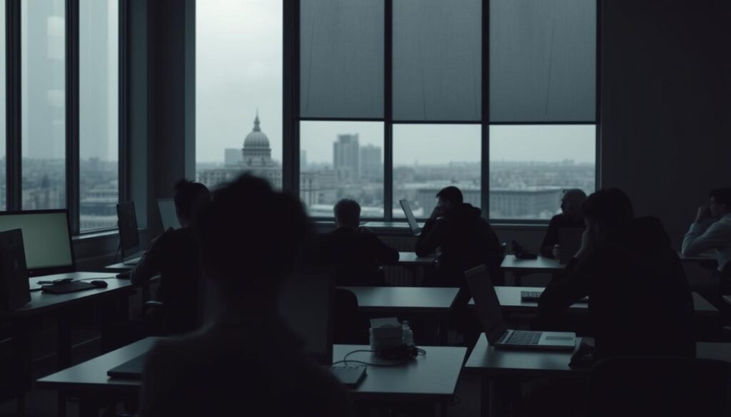 a dimly lit classroom with a desktops and laptops on the desks, students appear distracted and disconnected, looking at their screens instead of the camera, a sense of isolation and lack of engagement, the teacher's desk is empty, a large window in the background overlooking a dreary cityscape, soft shadows and muted colors create a melancholic atmosphere, conveying the challenges of online learning - the difficulty of maintaining focus, the lack of human interaction, and the feeling of being disconnected from the learning environment.