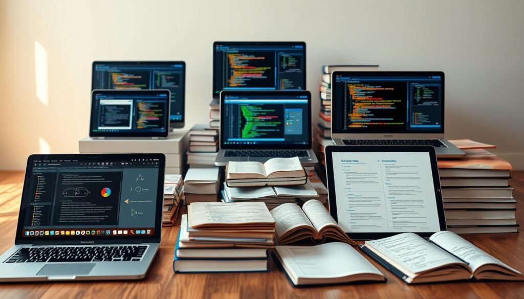 a highly detailed, cinematic image of an assortment of programming courses and online learning materials, set against a clean, minimal background. the foreground features several open laptops and tablets displaying coding tutorials, software development lessons, and algorithm visualizations. the middle ground includes neatly stacked textbooks, programming language reference guides, and notepads filled with handwritten code. the background has a softly blurred, out-of-focus effect, evoking a sense of focus and concentration. the overall scene is bathed in warm, natural lighting, creating a cozy, inviting atmosphere for online education and skill development.