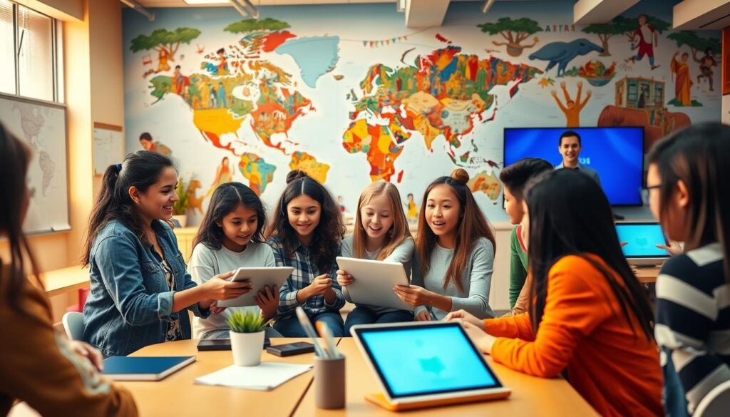 interactive language lessons in a vibrant classroom setting, with a group of diverse students engaged in dynamic discussions and activities. The foreground features a warm, well-lit environment with modern furniture and equipment, such as tablets, whiteboards, and interactive displays. In the middle ground, students of various ages and backgrounds collaborate on language-learning exercises, their expressions animated and enthusiastic. The background showcases a richly detailed, culturally diverse mural, evoking a sense of global connectivity. The overall scene conveys a collaborative, immersive, and technologically-enhanced language learning experience.