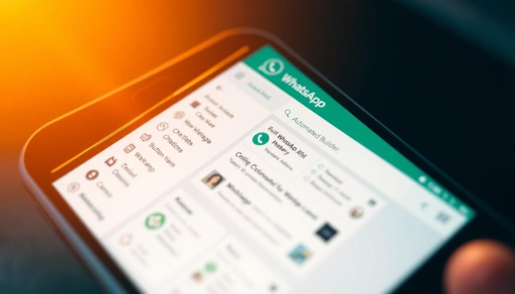 A detailed, close-up view of a mobile device screen showcasing a sleek and intuitive WhatsApp chatbot builder interface. The screen is illuminated by warm, natural lighting, creating a soft, inviting atmosphere. The interface features clean, minimalist design elements, with easy-to-navigate menus and customizable options for building and managing automated chatbots. In the foreground, there are various icons and UI elements, allowing the user to seamlessly configure and deploy their chatbot solutions. The middle ground features a well-organized dashboard, providing real-time insights and analytics. The background subtly blurs, placing the focus on the central chatbot builder functionality. A detailed, close-up view of a mobile device screen showcasing a sleek and intuitive WhatsApp chatbot builder interface. The screen is illuminated by warm, natural lighting, creating a soft, inviting atmosphere. The interface features clean, minimalist design elements, with easy-to-navigate menus and customizable options for building and managing automated chatbots. In the foreground, there are various icons and UI elements, allowing the user to seamlessly configure and deploy their chatbot solutions. The middle ground features a well-organized dashboard, providing real-time insights and analytics. The background subtly blurs, placing the focus on the central chatbot builder functionality.
