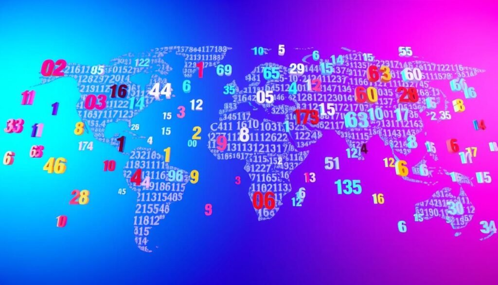 A global network of virtual phone numbers, floating in a vibrant, digitally-rendered 3D space. The numbers are displayed in various colors, sizes, and orientations, creating a dynamic, interconnected visual representation of worldwide communication. The scene is illuminated by a soft, diffused lighting, casting subtle shadows and highlights on the numbers. The background is a seamless gradient, ranging from deep blues to vibrant purples, evoking a sense of technological sophistication and global reach. The camera angle is slightly elevated, providing an overview of the virtual phone number matrix, emphasizing the scale and interconnectivity of the global communication system.