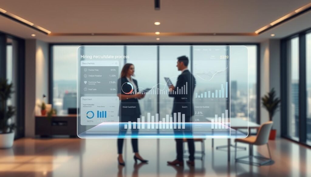 A modern hiring process platform, sleek and intuitive, set against a backdrop of a vibrant, minimalist office space. In the foreground, a holographic interface hovers, showcasing a streamlined recruitment dashboard with real-time candidate analytics. The middle ground features a team of professionals collaborating seamlessly, their interactions enhanced by augmented reality tools. The background depicts a panoramic cityscape, hinting at the global reach and connectivity of this innovative hiring solution. Soft, diffused lighting creates a warm, professional atmosphere, while subtle reflections on the holographic display add depth and polish to the scene. A modern hiring process platform, sleek and intuitive, set against a backdrop of a vibrant, minimalist office space. In the foreground, a holographic interface hovers, showcasing a streamlined recruitment dashboard with real-time candidate analytics. The middle ground features a team of professionals collaborating seamlessly, their interactions enhanced by augmented reality tools. The background depicts a panoramic cityscape, hinting at the global reach and connectivity of this innovative hiring solution. Soft, diffused lighting creates a warm, professional atmosphere, while subtle reflections on the holographic display add depth and polish to the scene.