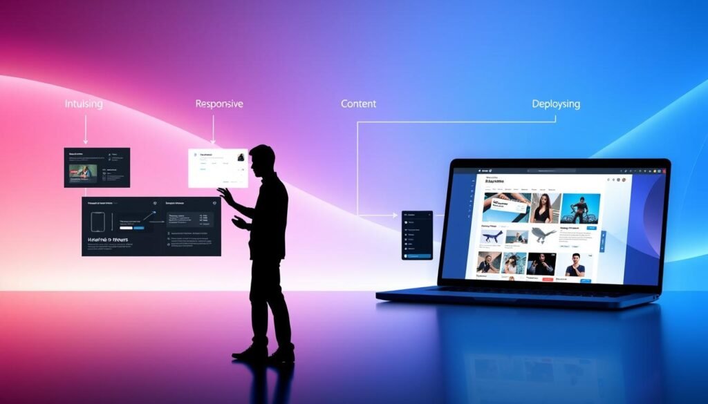 A modern, minimalist website creation process unfolds against a sleek, gradient-filled backdrop. In the foreground, a human silhouette interacts with intuitive UI elements, navigating smooth transitions between design, content, and deployment stages. The middle ground showcases a laptop screen displaying a responsive website preview, while the background features abstract geometric shapes and subtle lighting effects, conveying a sense of innovation and technology. The overall atmosphere is one of efficiency, simplicity, and the seamless integration of human and artificial intelligence in the website creation journey. A modern, minimalist website creation process unfolds against a sleek, gradient-filled backdrop. In the foreground, a human silhouette interacts with intuitive UI elements, navigating smooth transitions between design, content, and deployment stages. The middle ground showcases a laptop screen displaying a responsive website preview, while the background features abstract geometric shapes and subtle lighting effects, conveying a sense of innovation and technology. The overall atmosphere is one of efficiency, simplicity, and the seamless integration of human and artificial intelligence in the website creation journey.