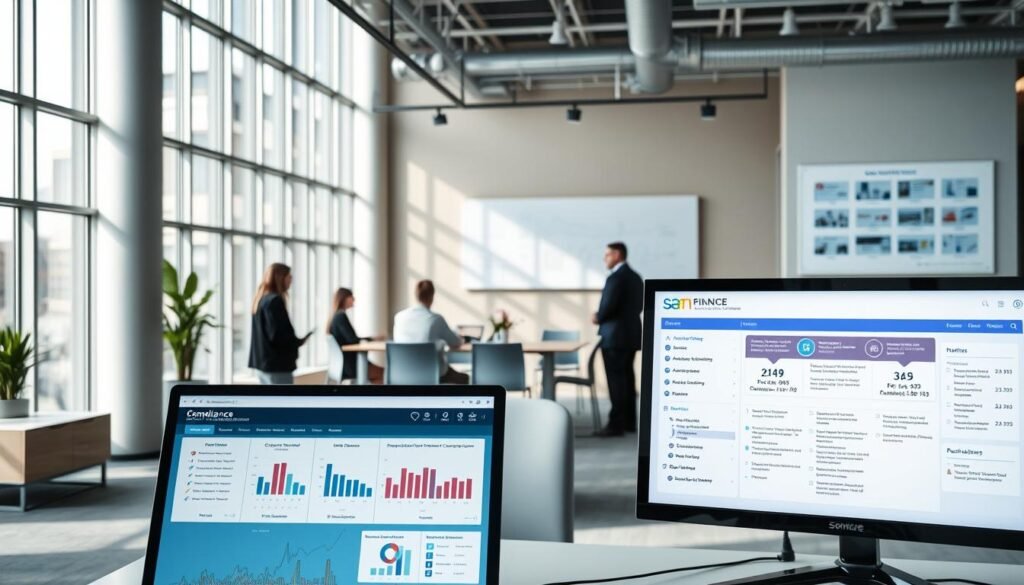 A modern office interior with sleek, minimalist furnishings and abundant natural light streaming through large windows. In the foreground, a desktop computer displays a dashboard with charts, graphs, and indicators related to compliance management. The middle ground features a team of professionals collaborating around a conference table, discussing policies and procedures. In the background, a wall-mounted display showcases an automated workflow diagram, illustrating the seamless integration of compliance tasks. The atmosphere conveys a sense of efficiency, transparency, and a commitment to regulatory adherence. A modern office interior with sleek, minimalist furnishings and abundant natural light streaming through large windows. In the foreground, a desktop computer displays a dashboard with charts, graphs, and indicators related to compliance management. The middle ground features a team of professionals collaborating around a conference table, discussing policies and procedures. In the background, a wall-mounted display showcases an automated workflow diagram, illustrating the seamless integration of compliance tasks. The atmosphere conveys a sense of efficiency, transparency, and a commitment to regulatory adherence.
