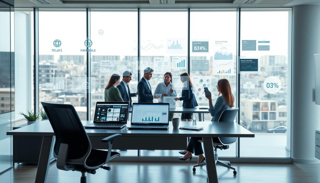 A modern, sleek office setting with a large transparent screen displaying various recruitment automation features. In the foreground, a stylish ergonomic desk with a high-end laptop, tablet, and smartphone, showcasing different recruitment tools and dashboards. The middle ground features several employees collaborating on recruitment tasks, with intuitive user interfaces and data visualizations projected around them. The background has floor-to-ceiling windows, allowing natural light to flood the space and create a bright, airy atmosphere. The overall scene conveys efficiency, productivity, and the seamless integration of recruitment technology in a professional work environment. A modern, sleek office setting with a large transparent screen displaying various recruitment automation features. In the foreground, a stylish ergonomic desk with a high-end laptop, tablet, and smartphone, showcasing different recruitment tools and dashboards. The middle ground features several employees collaborating on recruitment tasks, with intuitive user interfaces and data visualizations projected around them. The background has floor-to-ceiling windows, allowing natural light to flood the space and create a bright, airy atmosphere. The overall scene conveys efficiency, productivity, and the seamless integration of recruitment technology in a professional work environment.