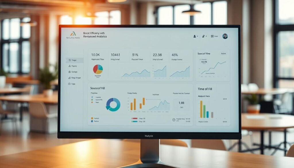 A modern, sleek recruitment analytics dashboard displayed on a large, high-resolution computer screen in a well-lit office environment. The dashboard features a clean, minimalist design with interactive charts, graphs, and data visualizations showcasing key recruitment metrics such as applicant flow, hiring funnel, source of hire, and time-to-fill. The dashboard is presented against a blurred background of an open-concept workspace with warm, natural lighting filtering in through large windows. The overall tone is one of efficiency, productivity, and data-driven decision-making, reflecting the "Boost Efficiency with Advanced Analytics" section of the article. A modern, sleek recruitment analytics dashboard displayed on a large, high-resolution computer screen in a well-lit office environment. The dashboard features a clean, minimalist design with interactive charts, graphs, and data visualizations showcasing key recruitment metrics such as applicant flow, hiring funnel, source of hire, and time-to-fill. The dashboard is presented against a blurred background of an open-concept workspace with warm, natural lighting filtering in through large windows. The overall tone is one of efficiency, productivity, and data-driven decision-making, reflecting the "Boost Efficiency with Advanced Analytics" section of the article.
