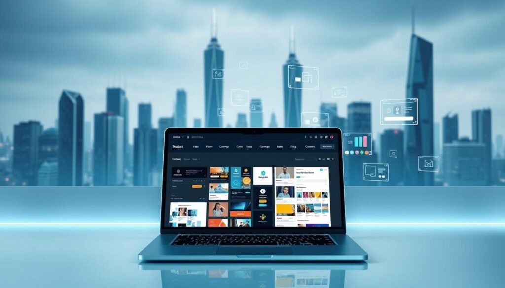 A modern, sleek website with advanced customization features. In the foreground, a laptop displays a web design interface, showcasing customizable elements like page layouts, color schemes, and typography. In the middle ground, holograms of various UI components float, allowing the user to manipulate and configure them. The background features a futuristic cityscape with towering skyscrapers, conveying a sense of technological progress. Soft, cool-toned lighting creates a professional and visually striking atmosphere, highlighting the intricate details of the website customization process. A modern, sleek website with advanced customization features. In the foreground, a laptop displays a web design interface, showcasing customizable elements like page layouts, color schemes, and typography. In the middle ground, holograms of various UI components float, allowing the user to manipulate and configure them. The background features a futuristic cityscape with towering skyscrapers, conveying a sense of technological progress. Soft, cool-toned lighting creates a professional and visually striking atmosphere, highlighting the intricate details of the website customization process.