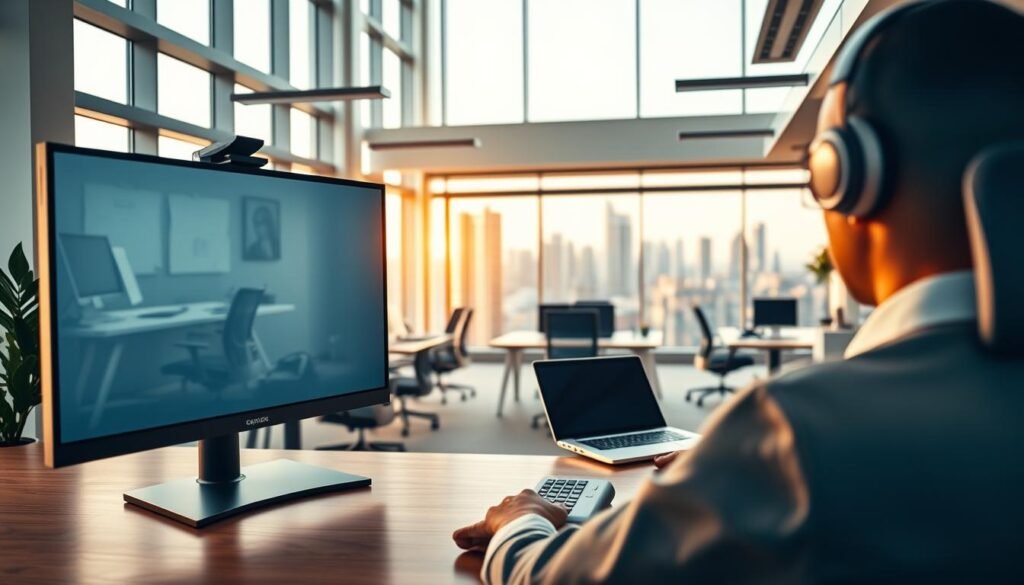 A modern, well-equipped office space with a sleek, minimalist design. In the foreground, a polished, high-resolution video conferencing system dominates the scene, its crisp display and intuitive controls reflecting the advanced communication tools available to businesses. The middle ground features a collaborative workspace, complete with ergonomic desks, comfortable chairs, and state-of-the-art laptops, all bathed in warm, natural lighting filtering through large windows. In the background, a subtle cityscape is visible, conveying a sense of a thriving, connected business environment. The overall atmosphere is one of efficiency, productivity, and seamless collaboration, capturing the essence of how Air Landline's affordable international calling rates can enhance a company's communication and operations.