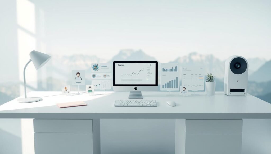 A pristine white workspace with a sleek, modern aesthetic. On the desk, an array of digital tools and icons representing various Instagram features - a stylized profile icon, a followers graph, analytic charts, scheduling tools, and more. Soft, directional lighting illuminates the scene, casting subtle shadows and highlighting the clean, minimalist design. The background is a blurred, gradient-based landscape, suggesting a digital, interconnected world. The overall mood is one of efficiency, productivity, and the seamless integration of social media management. A pristine white workspace with a sleek, modern aesthetic. On the desk, an array of digital tools and icons representing various Instagram features - a stylized profile icon, a followers graph, analytic charts, scheduling tools, and more. Soft, directional lighting illuminates the scene, casting subtle shadows and highlighting the clean, minimalist design. The background is a blurred, gradient-based landscape, suggesting a digital, interconnected world. The overall mood is one of efficiency, productivity, and the seamless integration of social media management.