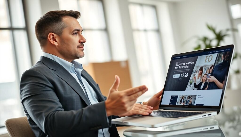 A professional businessman presenting a website on a laptop screen to potential buyers on the Flippa marketplace. The scene is set in a modern, minimalist office with large windows, allowing natural light to stream in. The businessman is wearing a well-tailored suit, exuding confidence and expertise. The laptop screen displays a visually appealing website, showcasing its key features and statistics. The background is blurred, keeping the focus on the salesperson and the website they are promoting. The overall atmosphere conveys a sense of professionalism, trust, and the potential for a successful website transaction. A professional businessman presenting a website on a laptop screen to potential buyers on the Flippa marketplace. The scene is set in a modern, minimalist office with large windows, allowing natural light to stream in. The businessman is wearing a well-tailored suit, exuding confidence and expertise. The laptop screen displays a visually appealing website, showcasing its key features and statistics. The background is blurred, keeping the focus on the salesperson and the website they are promoting. The overall atmosphere conveys a sense of professionalism, trust, and the potential for a successful website transaction.